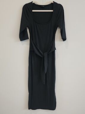 See You Monday Black Scoop-Neck Tie-Waist Midi Dress